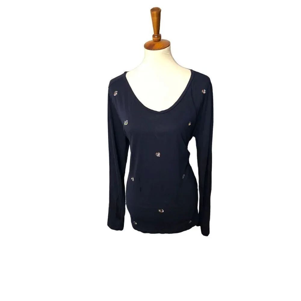 Loft Ann Taylor Top Navy Blue Sequin Long Sleeve Cotton Tee size XL